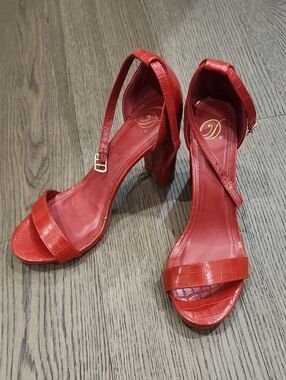 Delicious Red Croc-Embossed Block Heel Sandals